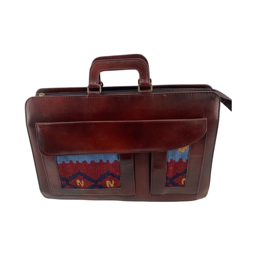 Vintage Turkish Art Carpet Tapestry Kilim Burgundy Lether Briefcase Document Bag